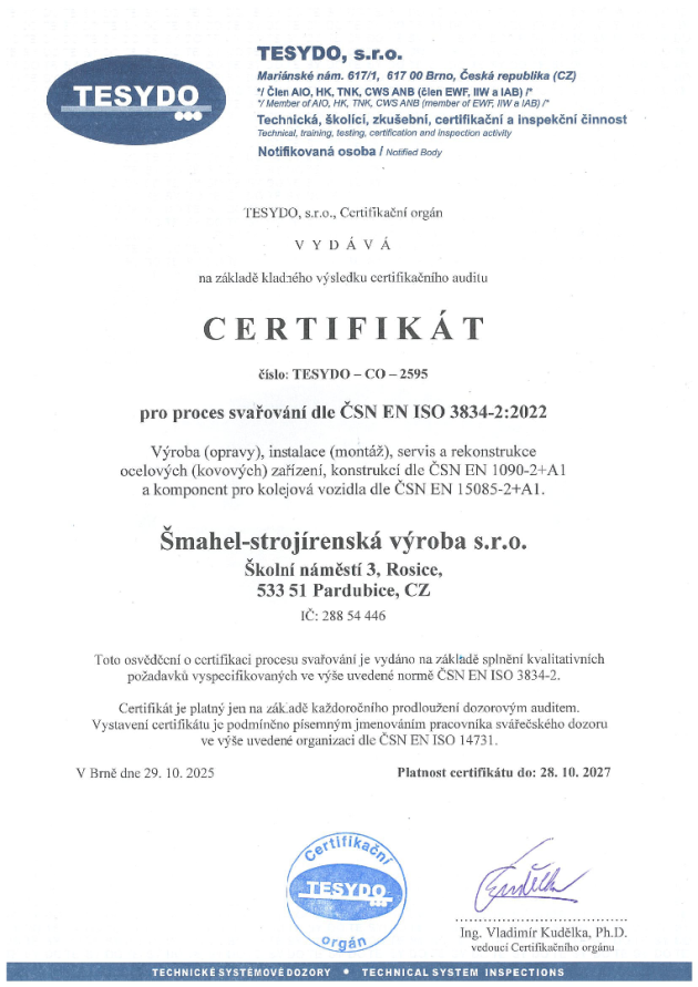 CERTIFIKÁT SVAŘOVÁNÍ ČSN EN ISO 3834-2