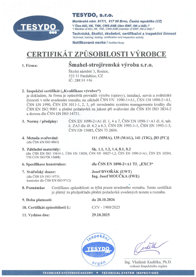 CERTIFIKÁT ZPŮSOBILOSTI VÝROBCE čj