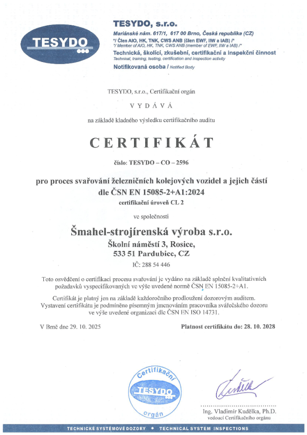 Certifikát ČSN EN 15085-2+A1:2024